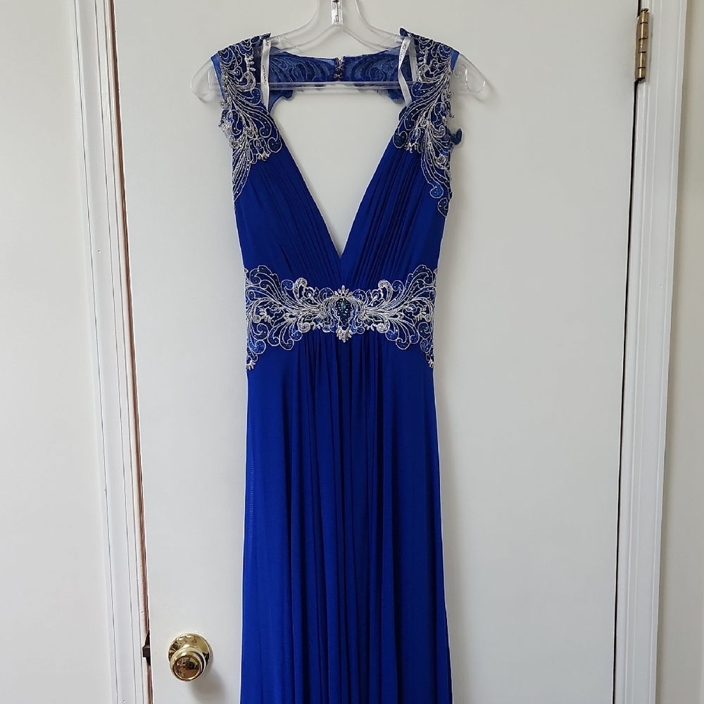 Elegant Blue Evening Gown with Silver Embroidery